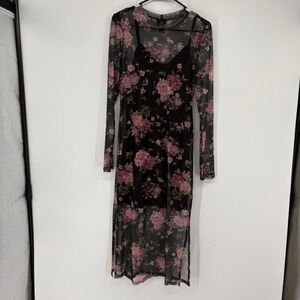 Oak & Trellis Mesh Floral Midi‎ Dress XL Black Pink Sheer Overlay Mock Neck Slit